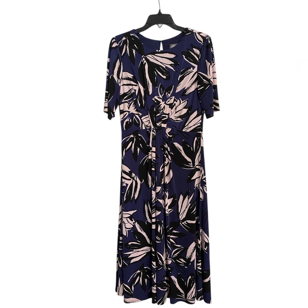 Vince Camuto Navy and Pink Leaf Print Midi Dress